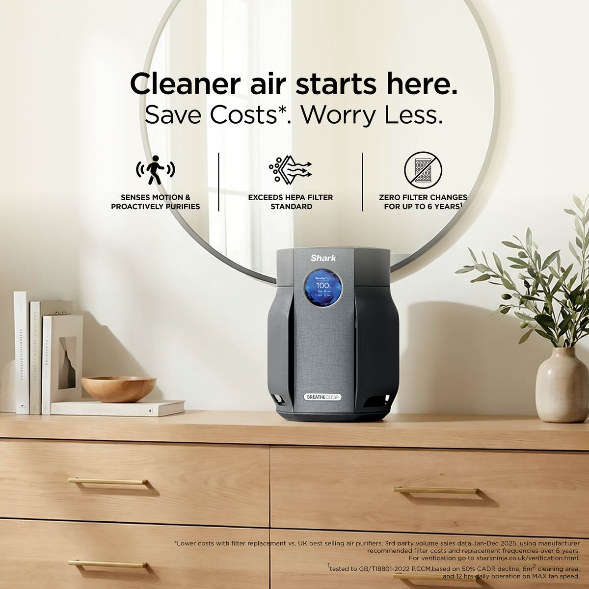 Shark BreatheClear Compact Air Purifier with NeverChange6 - Charcoal - HP062UKBK