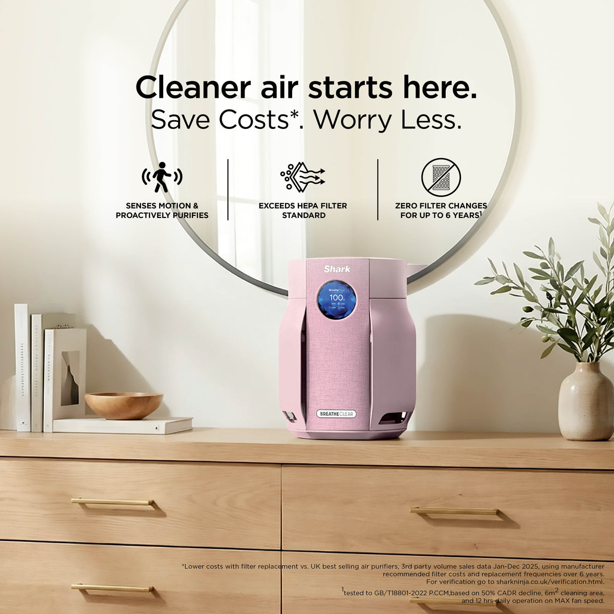 Shark BreatheClear Compact Air Purifier with NeverChange6 - Blush HP062UKPK