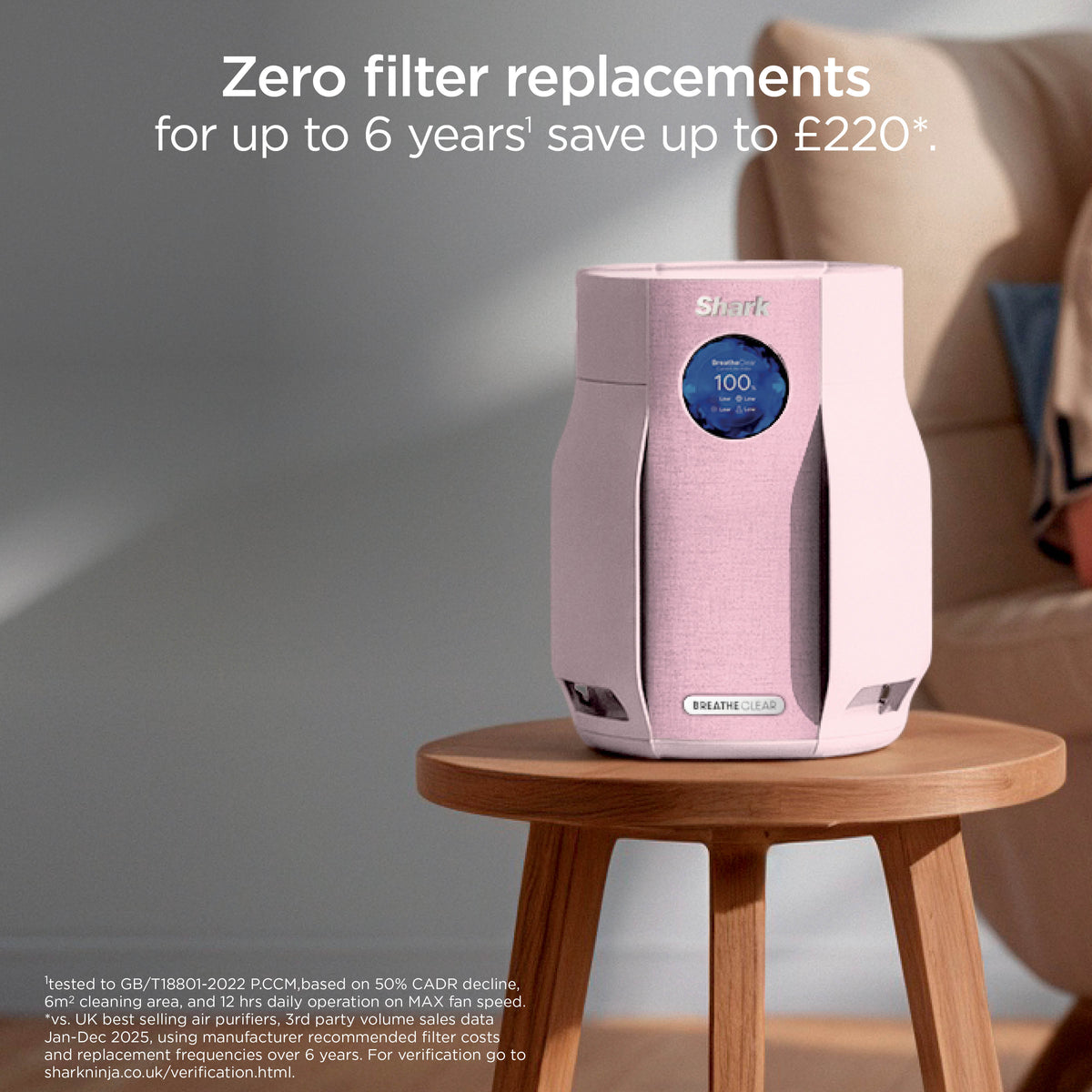 Shark BreatheClear Compact Air Purifier with NeverChange6 - Blush HP062UKPK