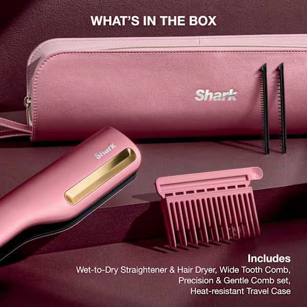 Shark SilkiPro Straight Hair Straightener + Dryer in One Tool with Heat-Resistant Storage Case - Rose Petal HT401UKPK