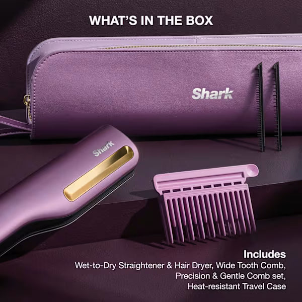 Shark SilkiPro Straight Hair Straightener + Dryer in One Tool with Heat-Resistant Storage Case - Plum Satin HT401UKPU